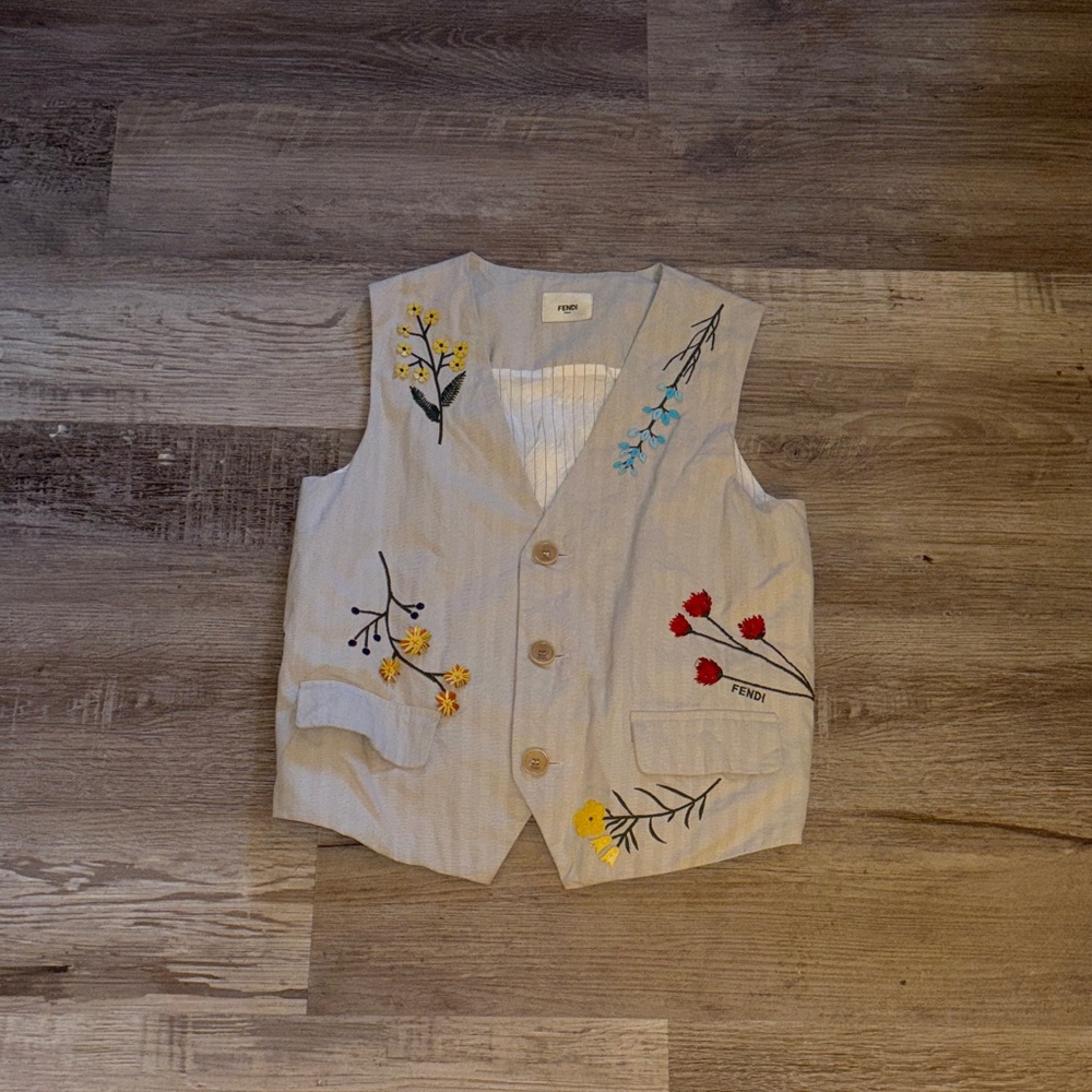 Authentic Fendi Runaway Beige Vest with Colorful Floral Embroidery